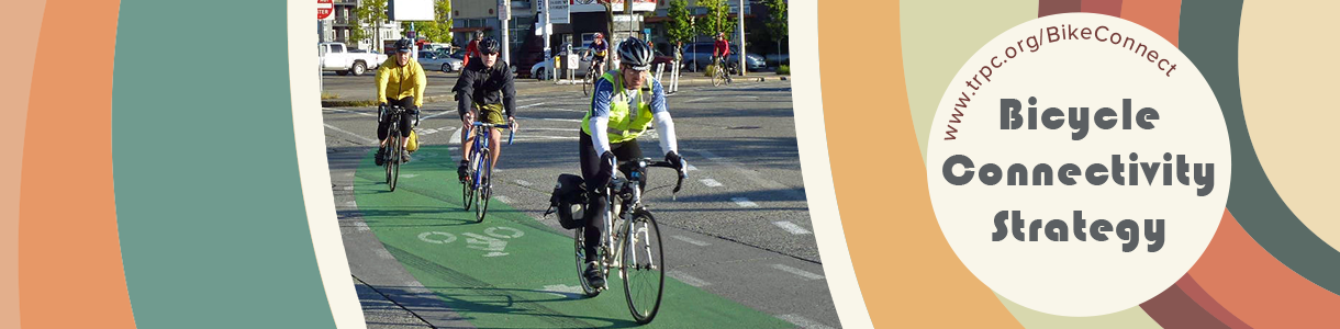 Image of cyclists in gear on city street with text reading \"Bicycle Connectivity Strategy\"